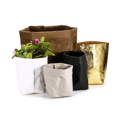 Recycled eco friendly reusable kraft paper storage bag for plant makeup brushes packaging bag round bag